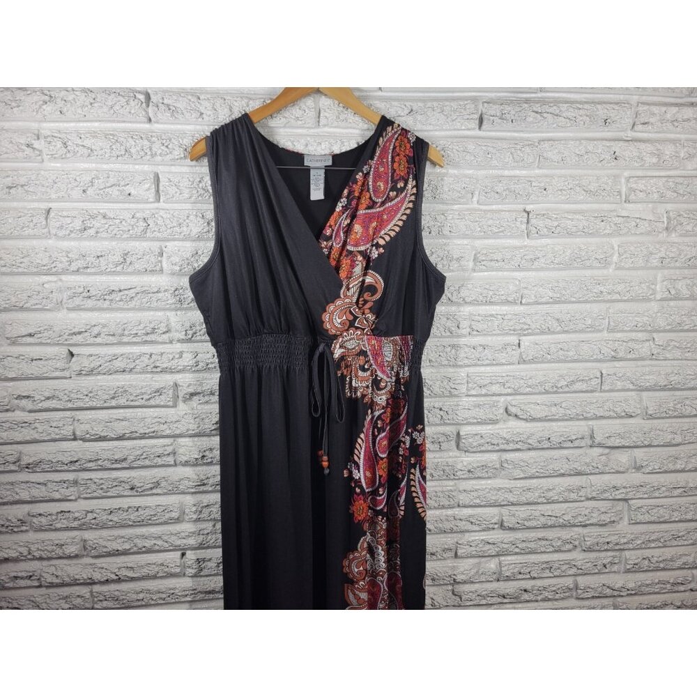 Catherines Women Dress 1X Plus Midi Sleeveless Sheath Black Paisley PAI10E